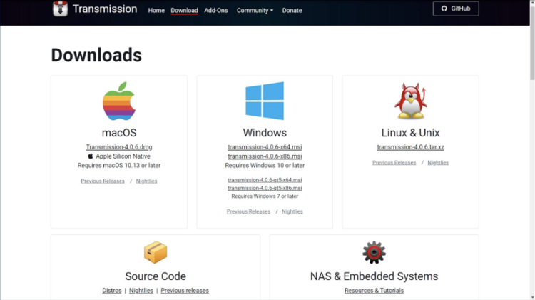 Screenshot of the Transmission client download page showing its options for macOS, Windows, Linux, and NAS & embedded systems