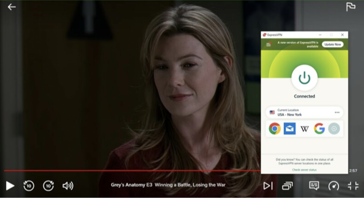 Screenshot of the ExpressVPN app connected to a server in New York, streaming Grey's Anatomy on Netflix