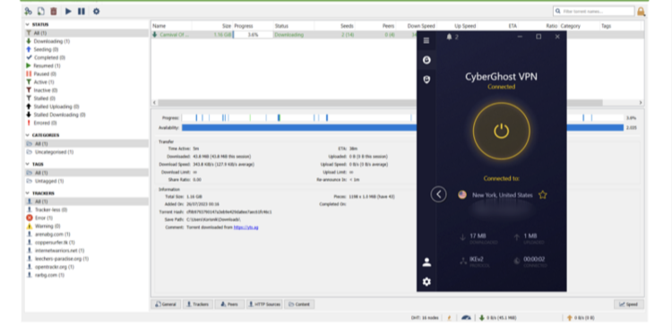 Screenshot of downloading a torrent with CyberGhost