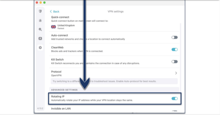 Screenshot of Surfshark's Settings menus with the Rotating IP feature highlighted