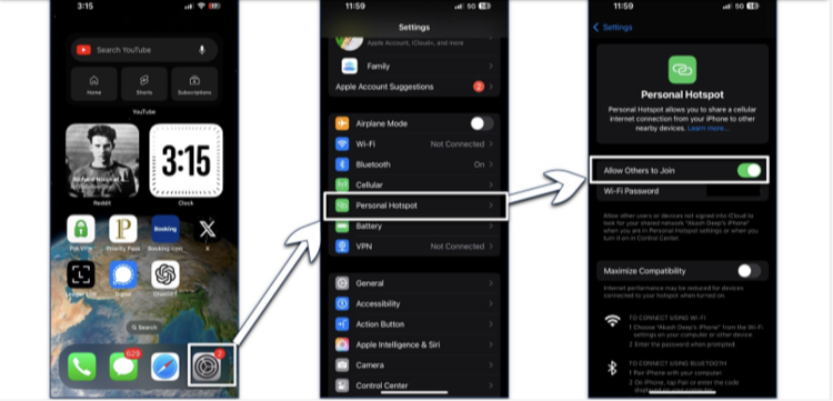 Screenshots showing how to activate a mobile hotspot on an iPhone
