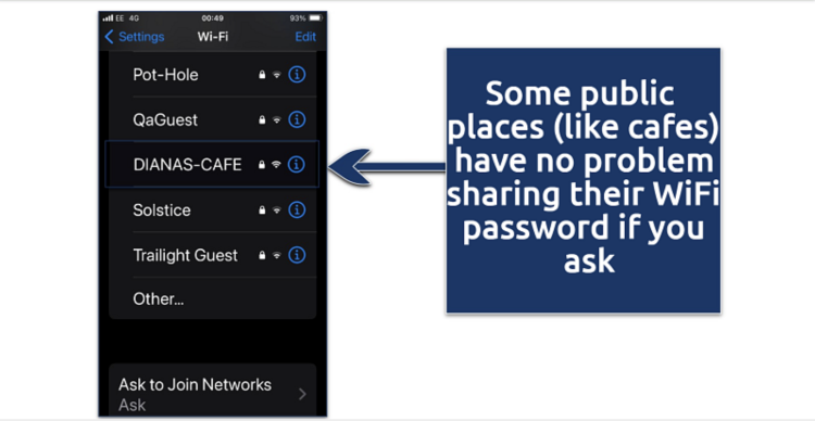 Screenshot showing the available WiFi hotspots on an iPhone