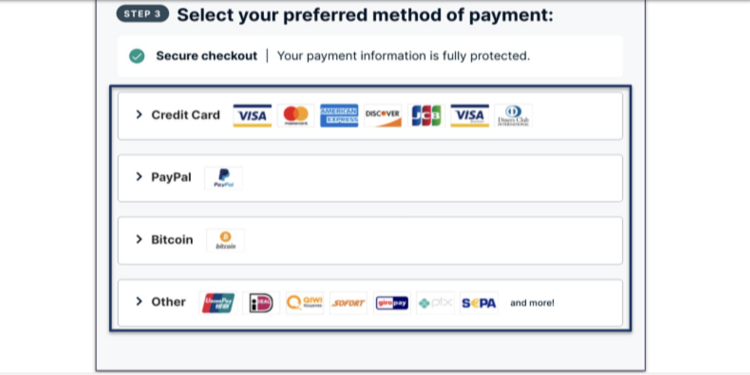 A screenshot of ExpressVPN's checkout page showing payment options