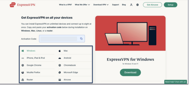 A screenshot ExpressVPN's app download page