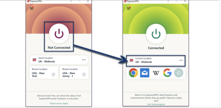 Screenshot of ExpressVPN Windows app connected to a UK server